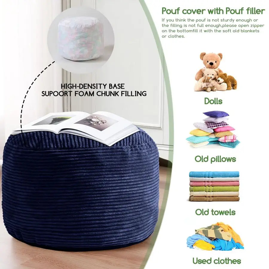 Ottoman, Corduroy Poufs, Round, Army green