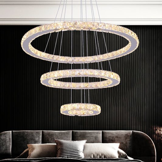 Crystal Ceiling Chandelier, 3-Rings Hanging with LED-Lighting