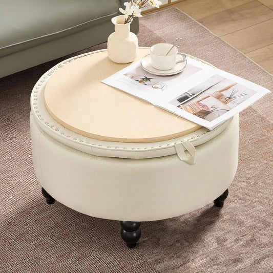 Ottoman,  Large Round, Fabric-Covered, with Storage